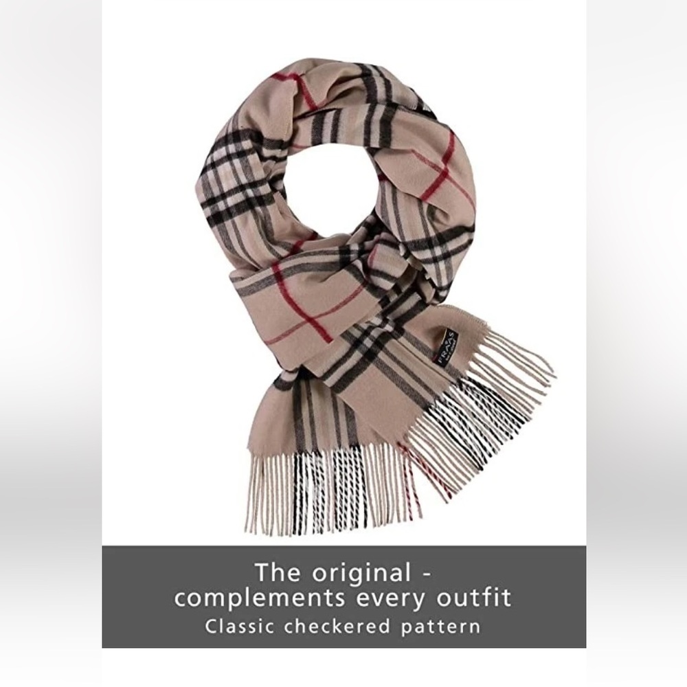 V. FRAAS Checkered Scarf in Beige and Red 14 x 79 new